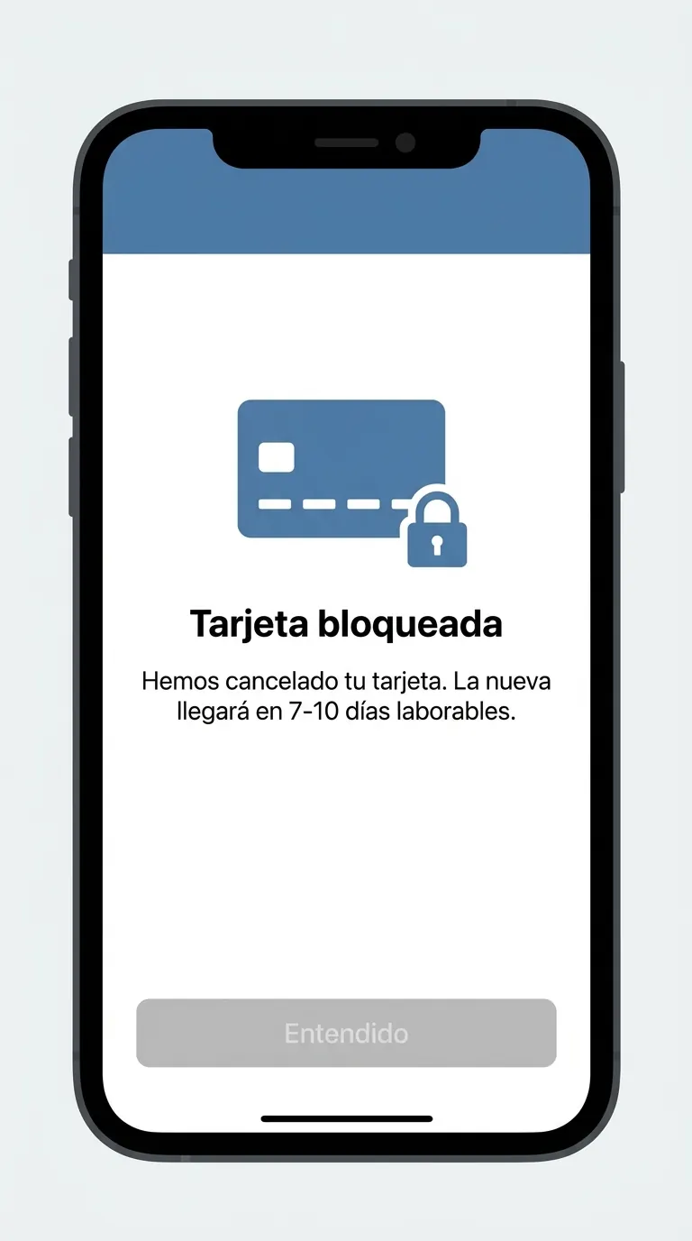 Aviso del banco en el móvil: tarjeta bloqueada y sustitución en 7 a 10 días laborables