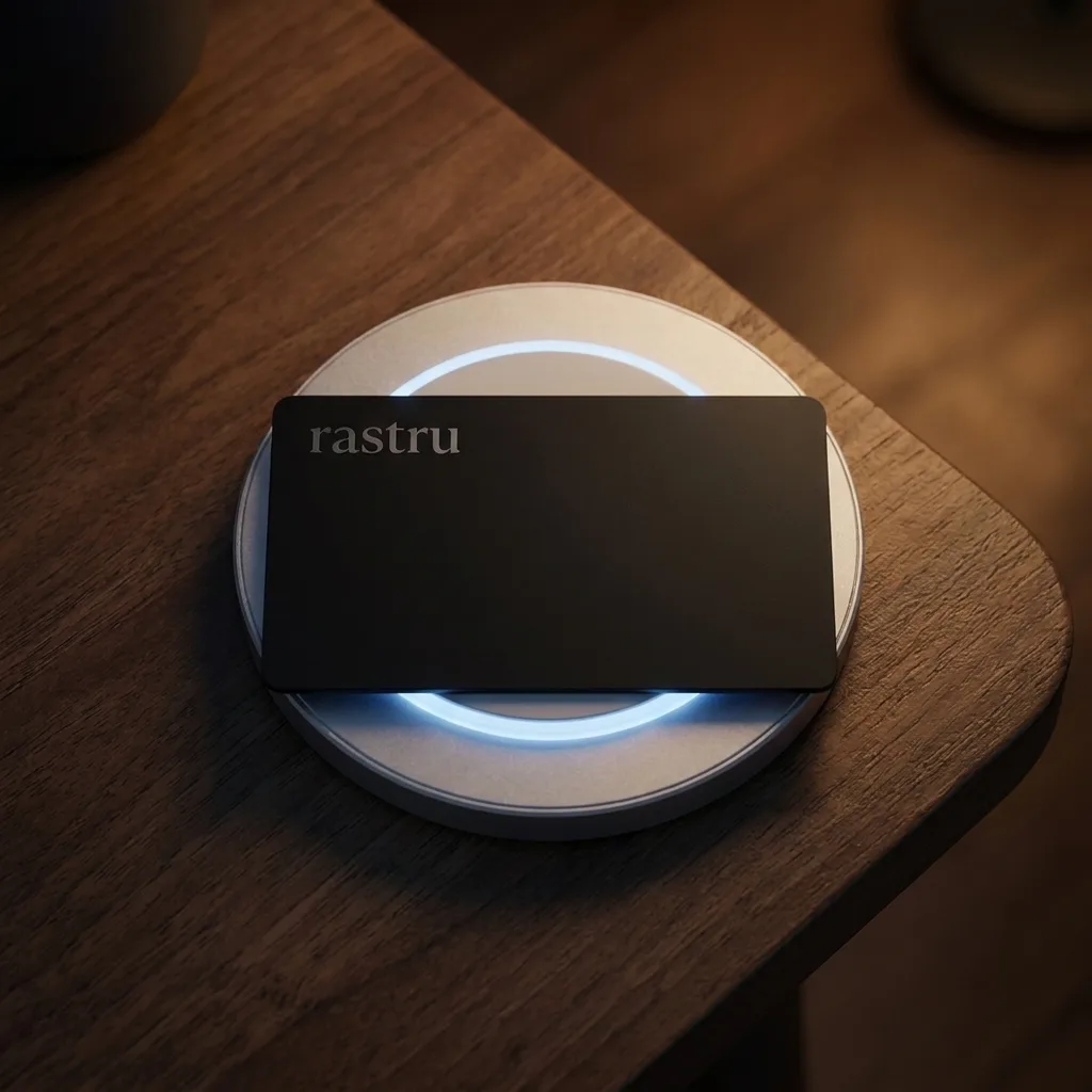 La tarjeta rastru cargándose sobre una base de carga inalámbrica iluminada, en una mesa de madera