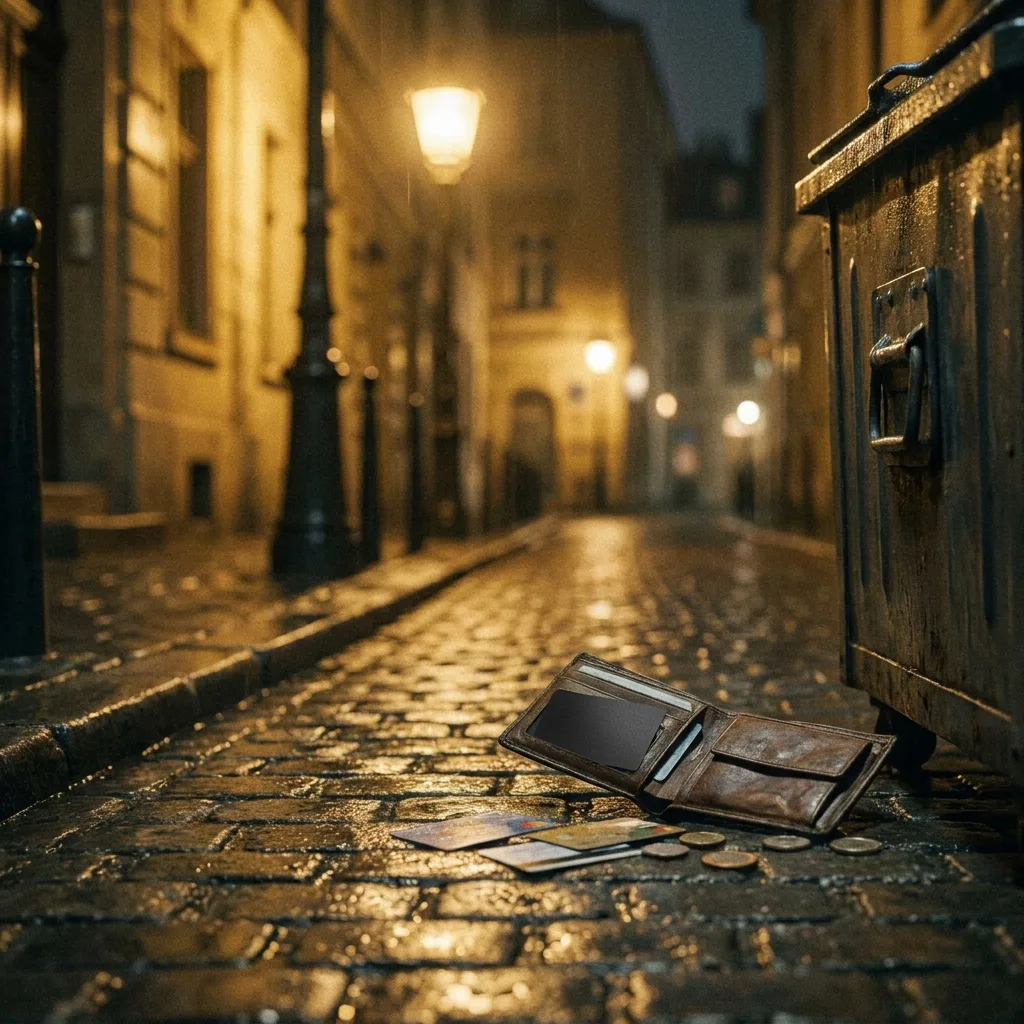 Una cartera abierta perdida en el suelo de una calle adoquinada mojada de noche, con las tarjetas y unas monedas esparcidas