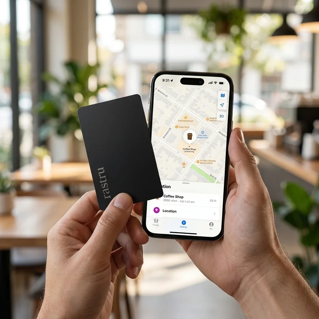 Una mano sostiene la tarjeta rastru junto a un iPhone que muestra en el mapa la ubicación de una cafetería