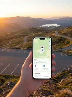 Una mano con el iPhone consulta la ubicación del coche en la app Buscar desde un mirador de montaña