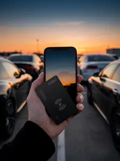 Una mano sujeta la tarjeta rastru y un iPhone en un aparcamiento al atardecer
