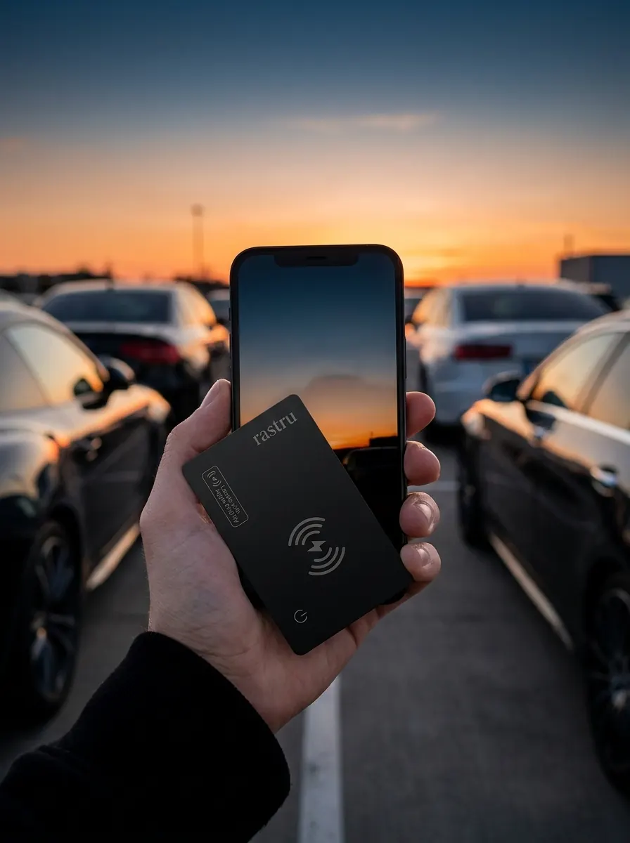 Una mano con la tarjeta rastru y el iPhone en un aparcamiento al atardecer