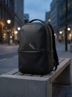 Mochila negra sobre un banco con la tarjeta rastru asomando del bolsillo delantero