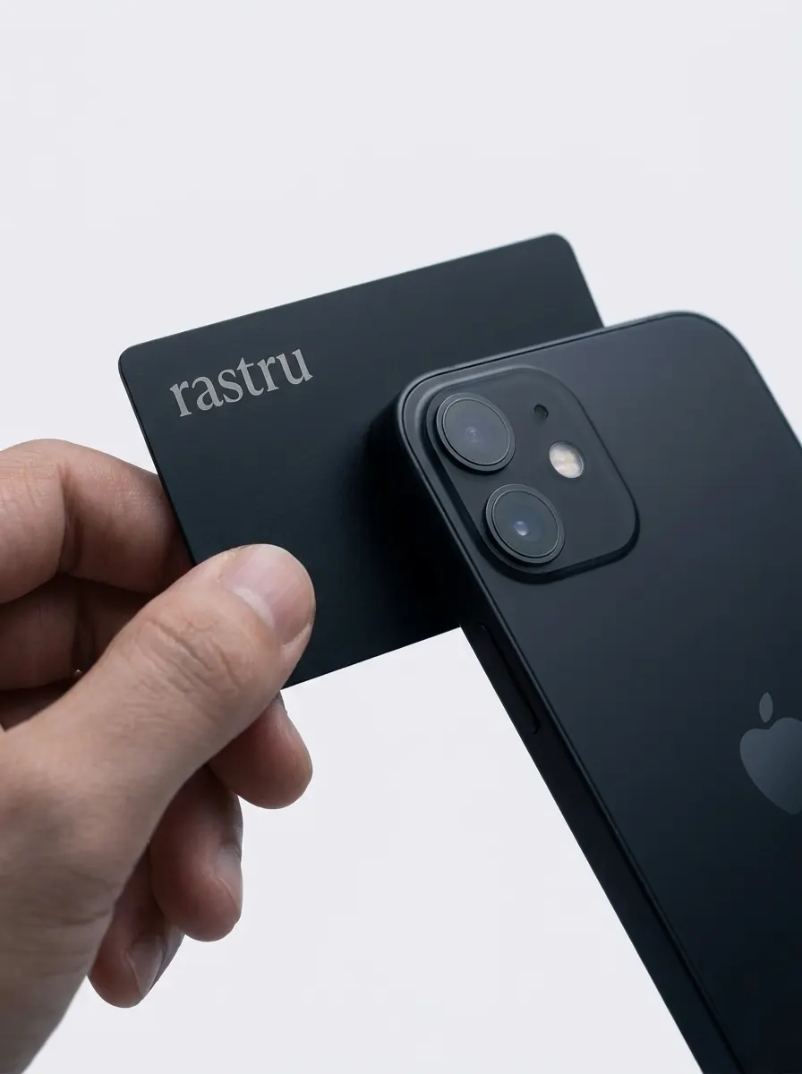 Una mano acerca la tarjeta rastru a la parte trasera de un iPhone negro