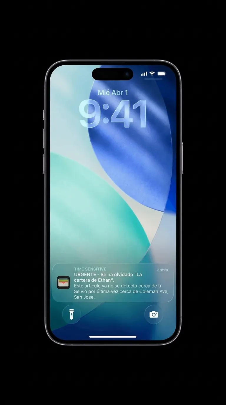 Pantalla de bloqueo del iPhone con el aviso de que la cartera se ha quedado atrás y dónde se detectó por última vez