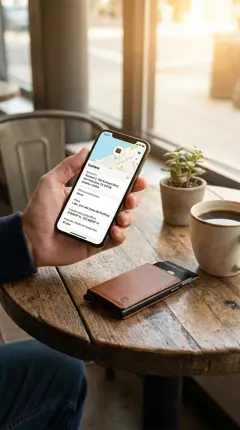 Una mano con el iPhone abre la ficha de la cartera en la app Buscar, en la mesa de una cafetería