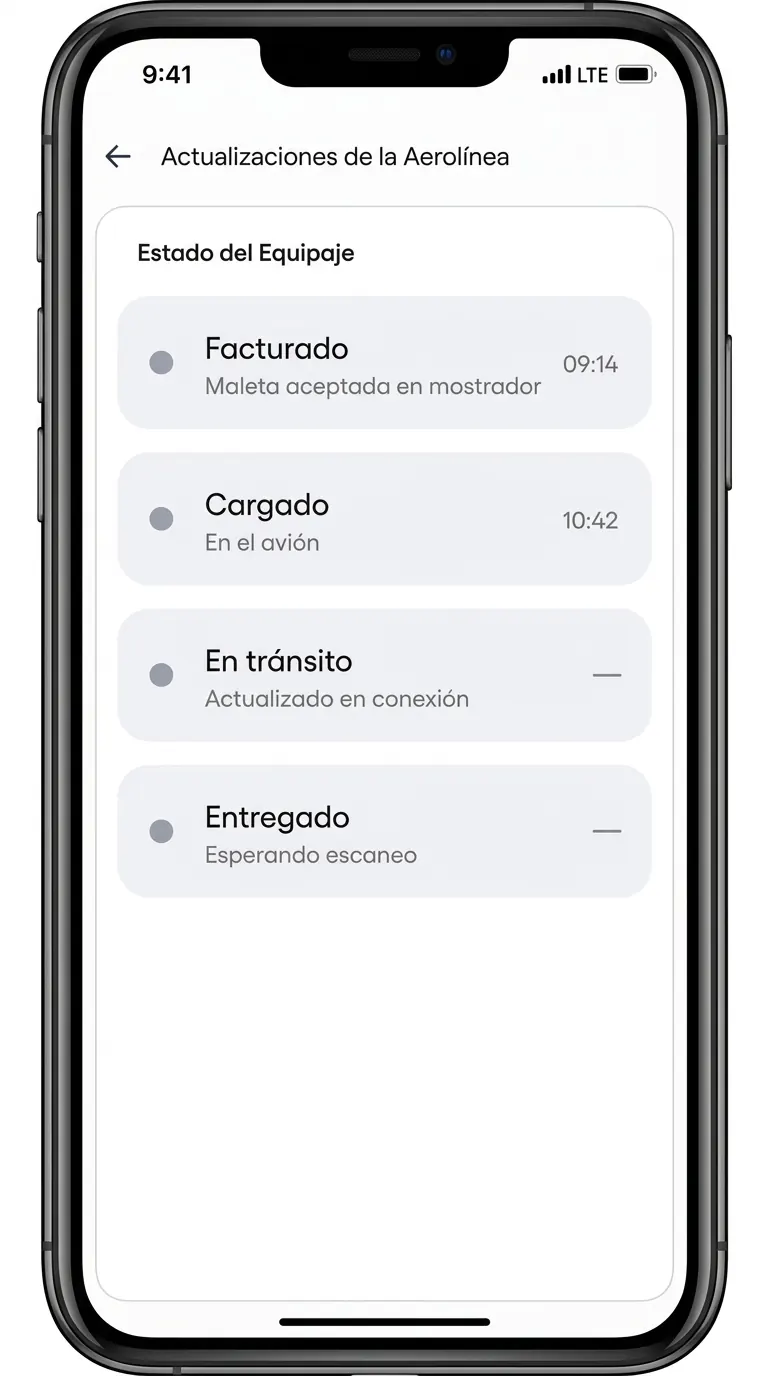 Pantalla de la aerolínea con el estado del equipaje: facturado, cargado, en tránsito y entregado