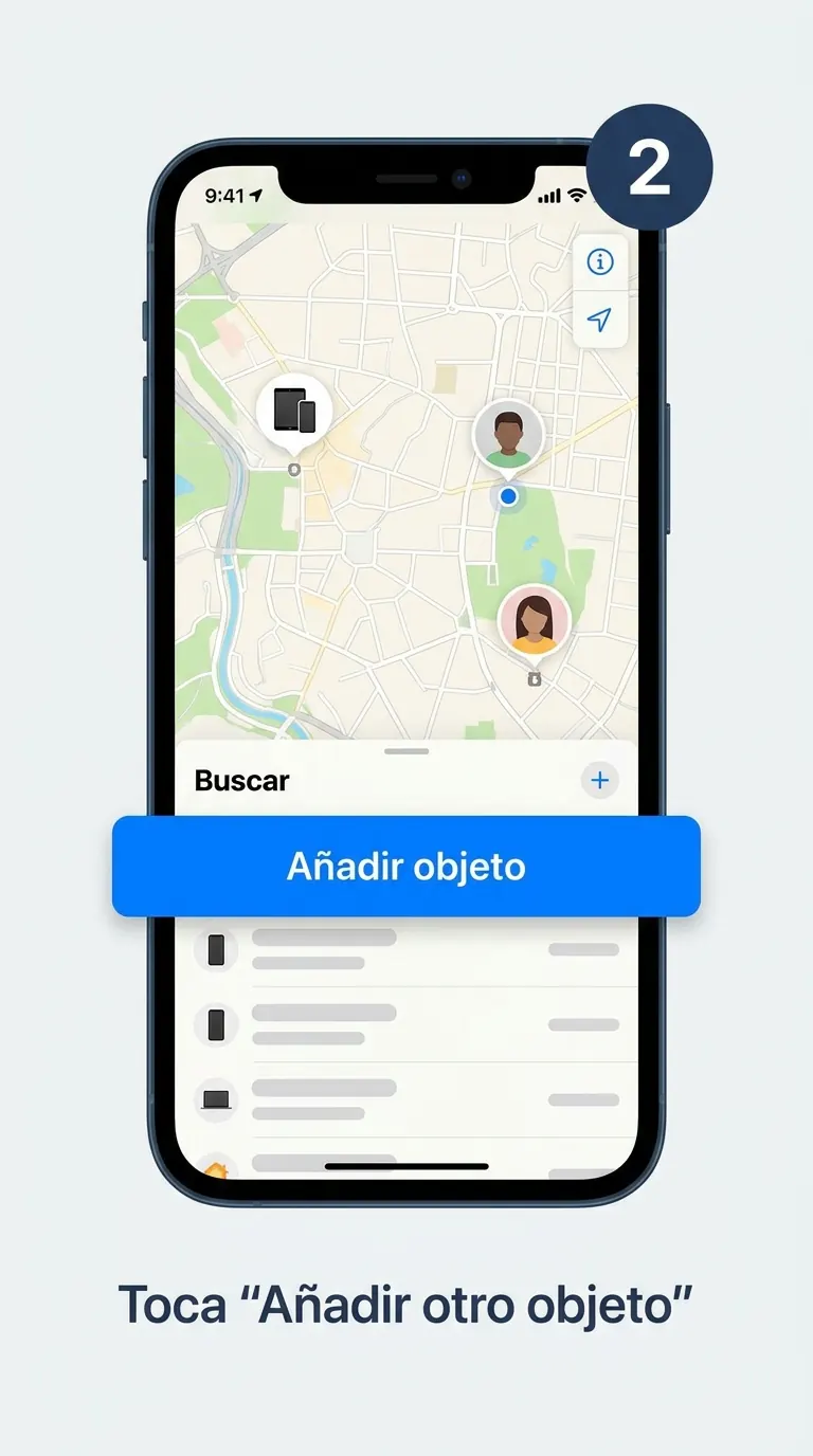 Paso 2 en el móvil: tocar Añadir objeto en la app Buscar