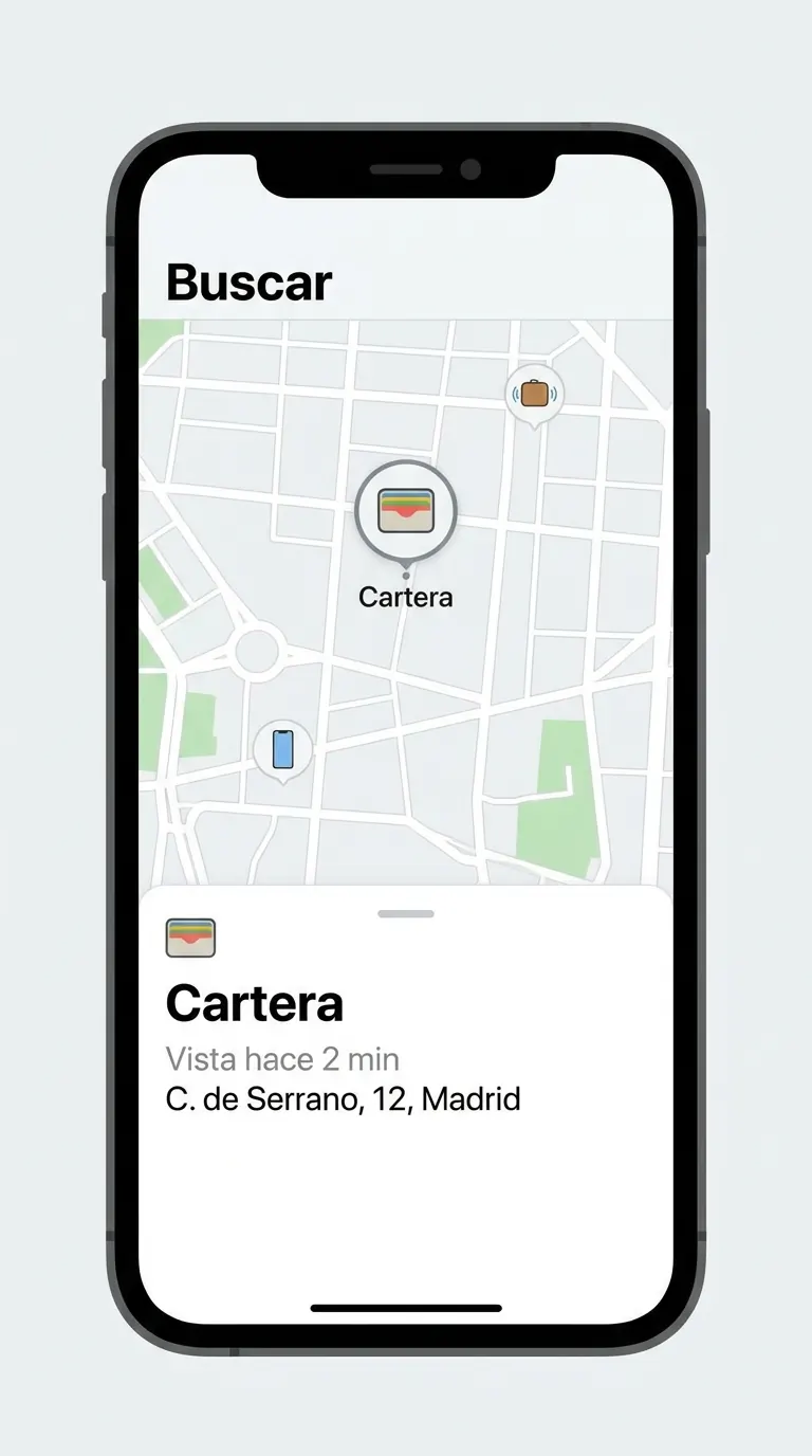 La app Buscar muestra la cartera en el mapa, vista hace dos minutos en la calle Serrano de Madrid