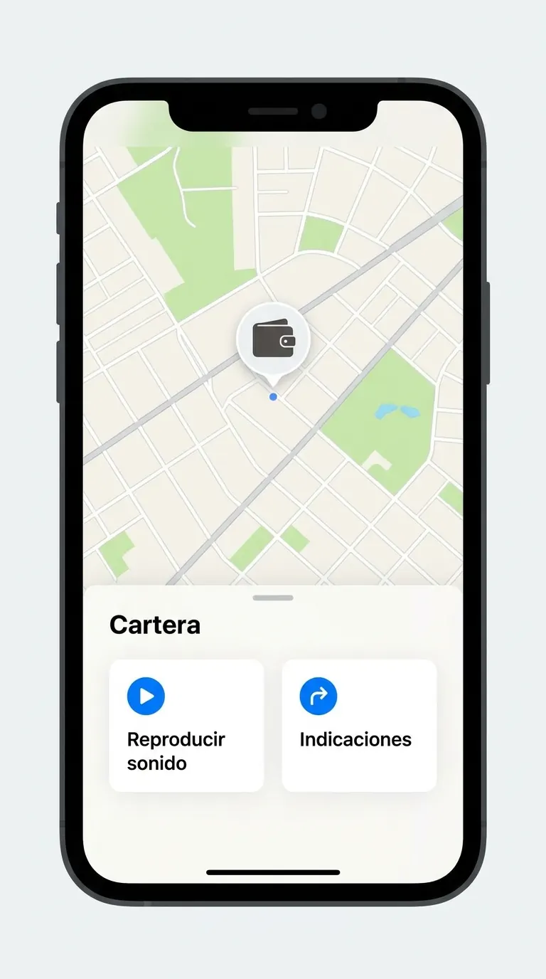 La app Buscar con la cartera situada en el mapa y los botones Reproducir sonido e Indicaciones