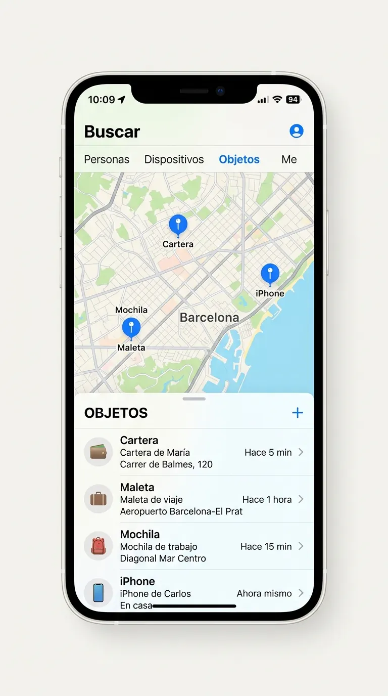 La app Buscar con la lista de objetos localizados en Barcelona: cartera, maleta, mochila e iPhone