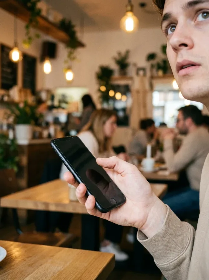 Un hombre joven, sentado en la mesa de una cafetería, sostiene su iPhone en la mano y levanta la vista buscando algo a su alrededor
